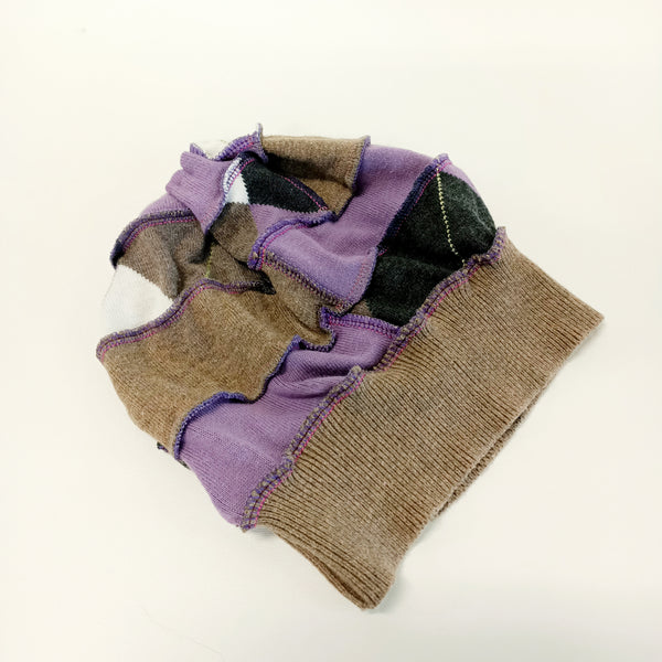 Scrappy beanie - ponytail style, purple and brown Argyle